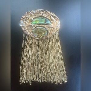 VTG Gold Tone Brooch with Abalone Shell & Chain Tassels Vintage Clasp Cascade